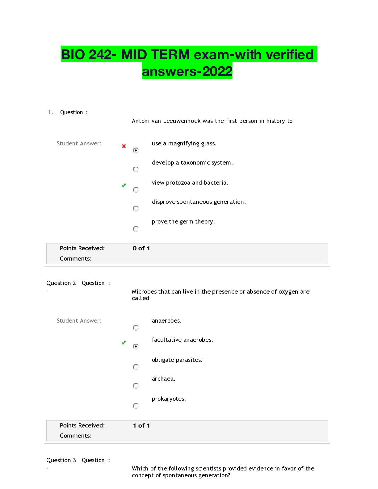 Preview of BIO 242- MID TERM exam-with verified answers-2022
